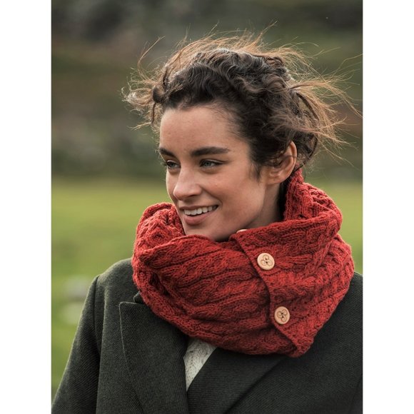 The Shepherd's Knot Accessories - New Irish Aran Button Infinity Scarf Wool Blue Tan